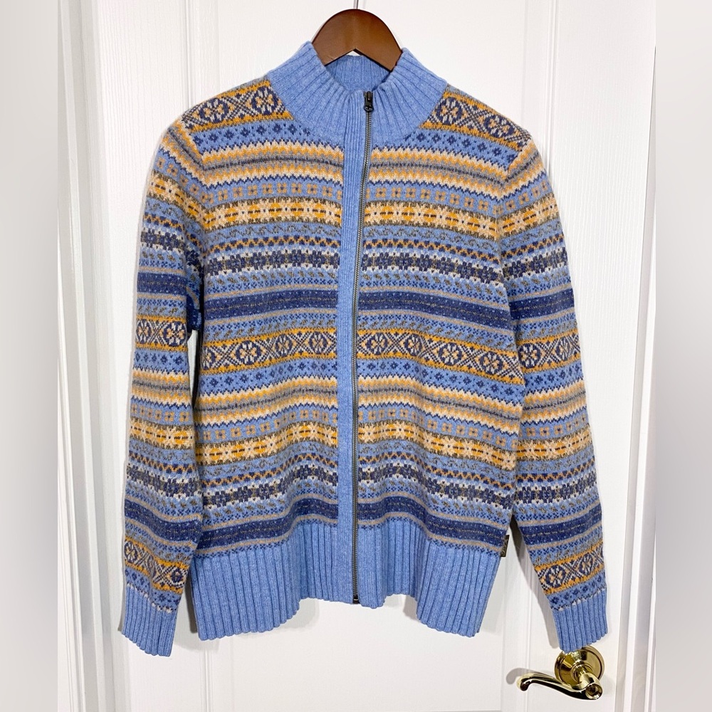 Y2K Woolrich Fair Isle Lambswool Zip Cardigan Sweater Blue Orange Size XL
